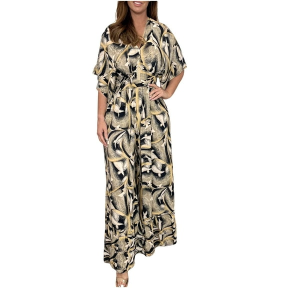 Wycnly Womens Jumpsuits Fashion Elastic Waist Loose Wide Leg Long Jumpsuits Dressy Trendy Geometric Print V-Neck Elbow-Length Maxi Rompers for Women