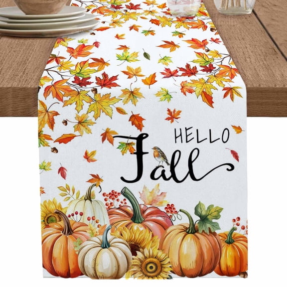 nqOlkjepod Hello Fall Table Runner 48 Inches Long Farmhouse Dress Scarves, Orange Pumpkins Thanksgiving Maple Leaf Dining Tablerunner for Coffee Table/Kitchen Island/Party Décor, 13" x 48"