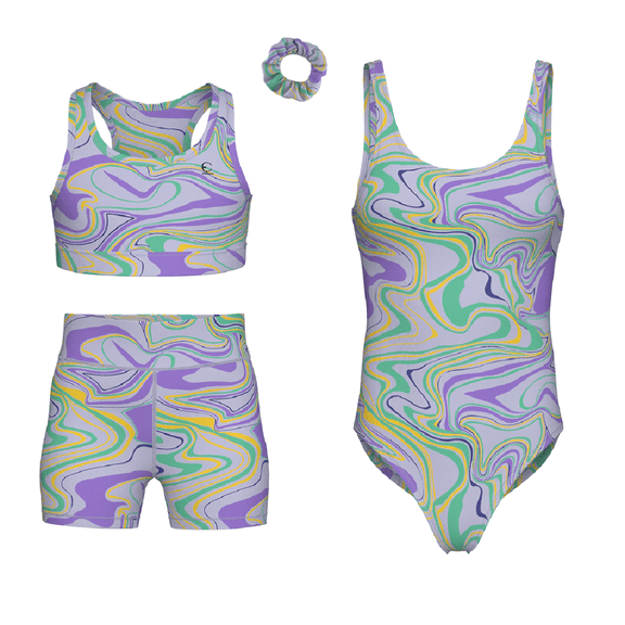 Essenclo Girls Gymnastics Leotard with Shorts Set, 4 Piece Biketard Outfit with Crop Top and Hair Tie for Dance, Tumbling & Activewear