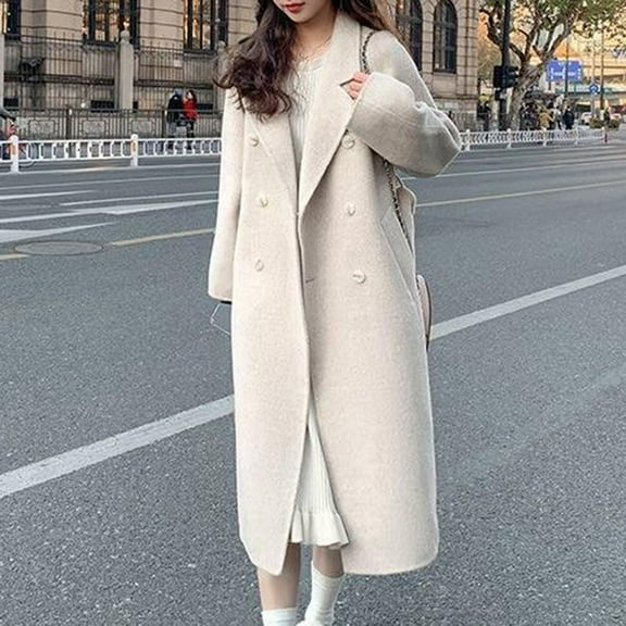 Zedker Womens Long Wool Coat Double Breasted Trench Coat Fall Winter Clothes,Plus Size Beige L