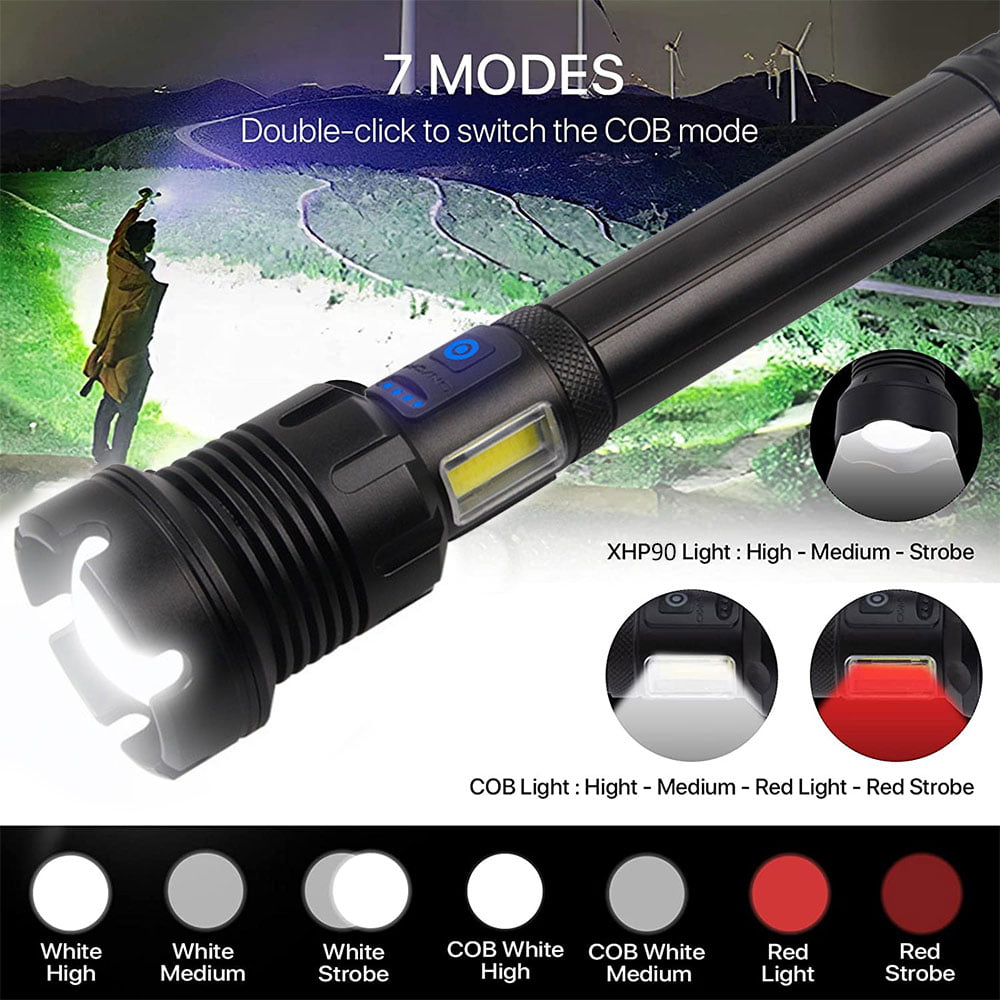 Powerful COB+LED Torch Flashlight USB Rechargeable Super Bright 90000LM Portable 