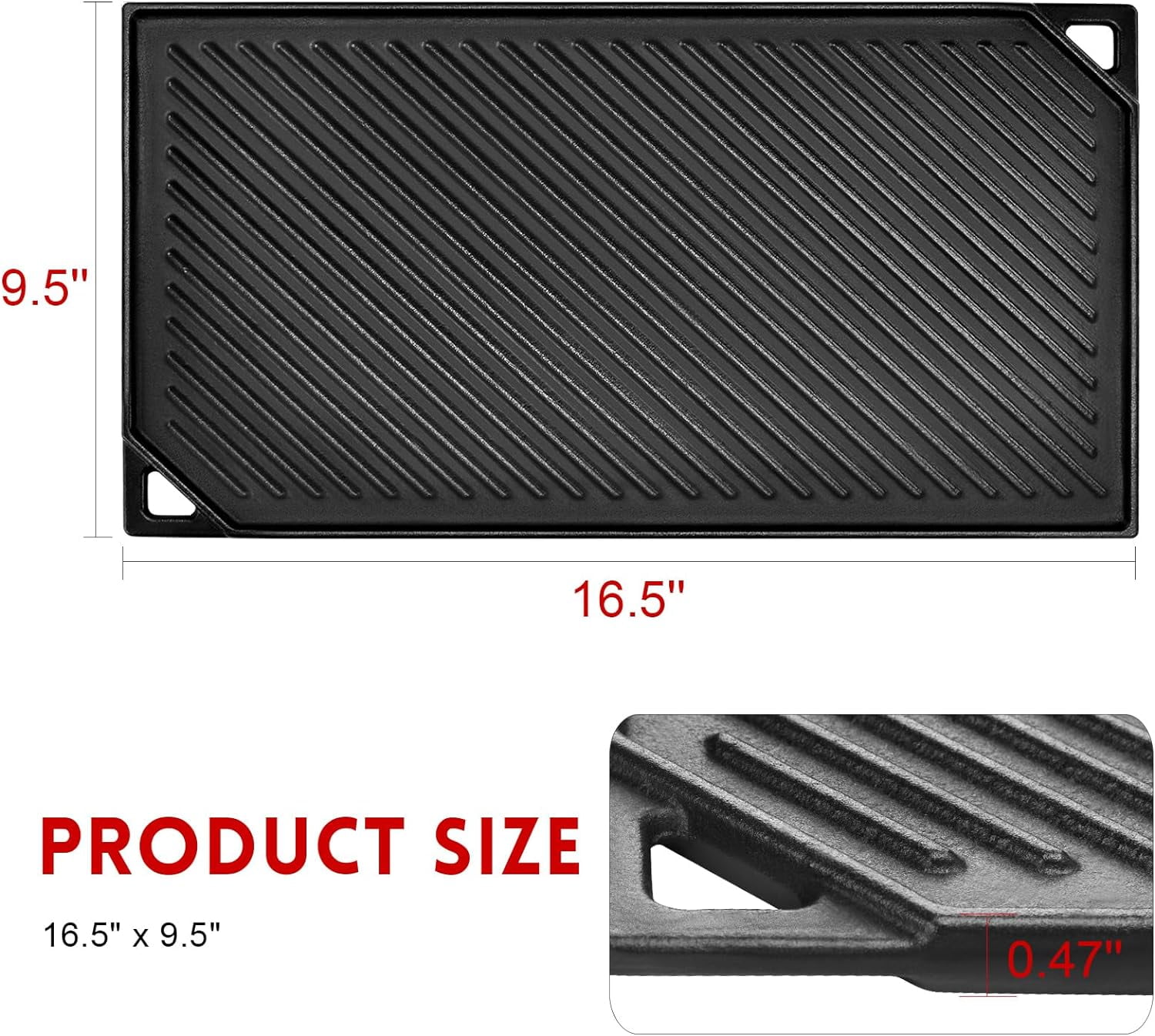 Double-Sided Cast Iron Griddle for Stove, Grill & Outdoor Cooking, 16.5 x 9.5 Inches