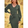thumbnail image 2 of Pull-Over en Tricot pour Femmes Automne 2023 Élégant Manches Longues Lanterne Col en V Robe Maxi, 2 of 6