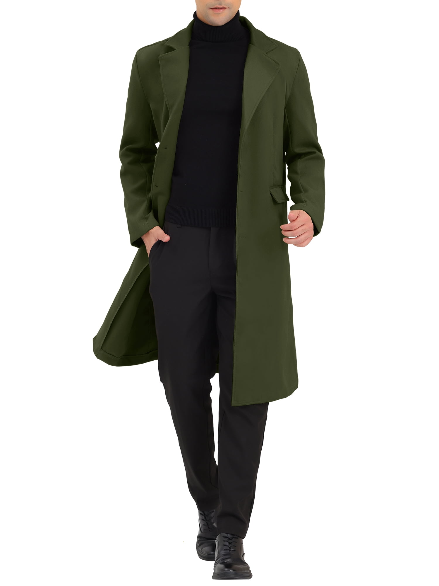 Unique Bargains Men's Overcoat Single Breasted Notched Lapel Long Trench Coat XL Olive Green