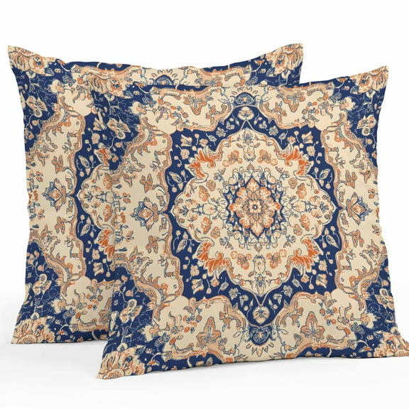 Orange Blue Southwestern Waterproof Outdoor Throw Pillow Covers 18''x18'' Pack 2, Pillow Cases Throw Cushion Cover with Zipper, Boho Traditional Ethnic Antique Washable Pillowcase for Poolside Sofa