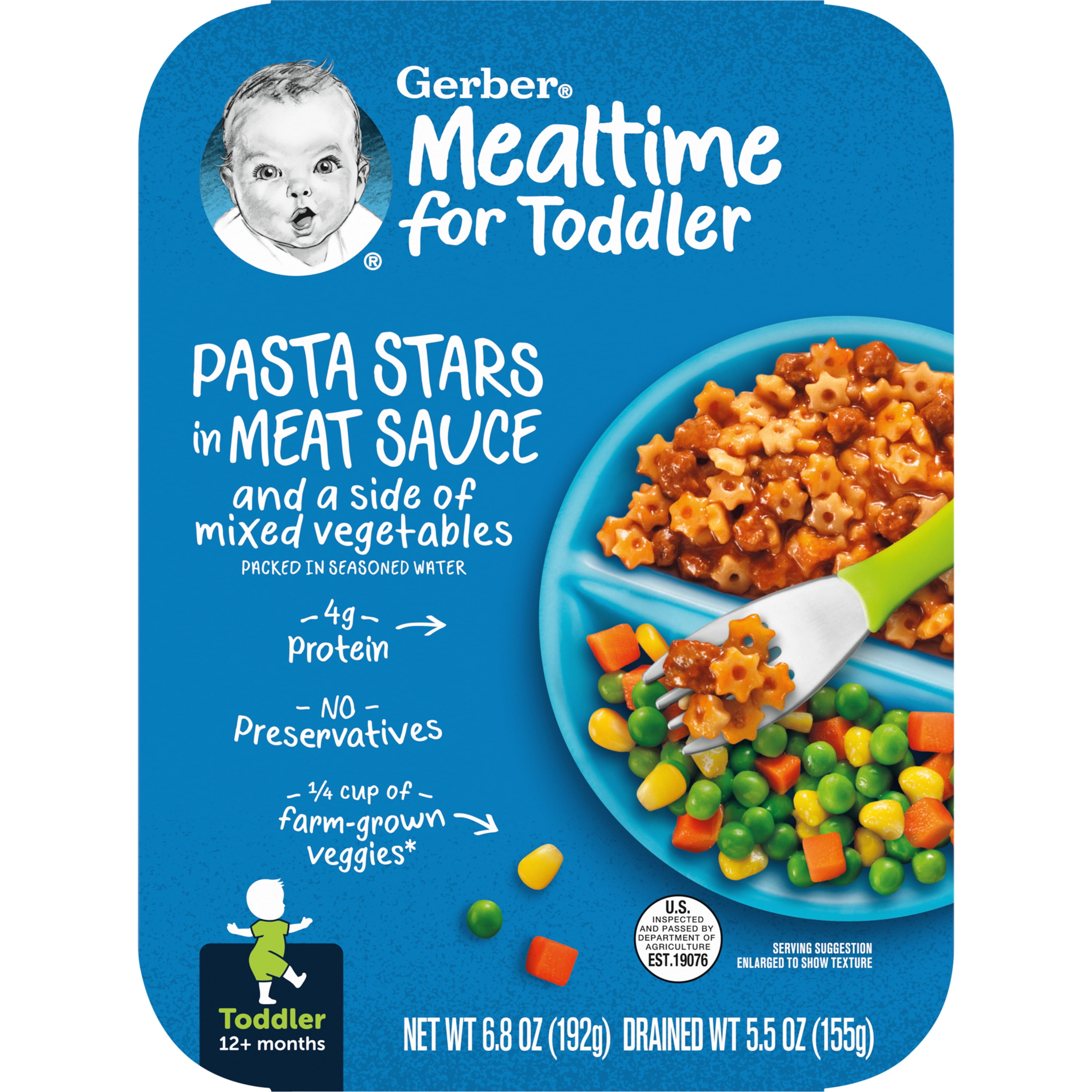 (8 pack) Gerber Mealtime for Toddler, Pasta Stars in Meat Sauce and a side of Mixed Vegetables, Toddler Food, 6.8 oz Tray