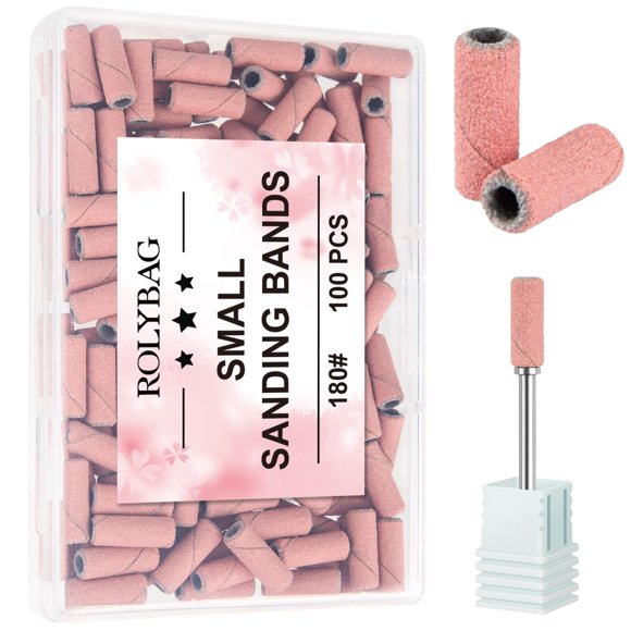 Rolybag 100pcs Small Sanding Bands Nail Drill Bits 180 Fine Grit Nail File Sanding Bands with 3.1mm Mandrel Bit for Acrylic Nails Gel Removing Shaping Professional Manicures and Pedicure Pink