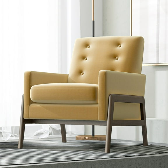 Noble House Cole Modern Lounge Chair, Velvet Upholstery with Solid Wood Frame and High-Density Foam, Yellow