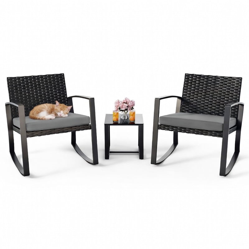 3-Piece Outdoor Patio Rocking Bistro Set, PE Rattan Wicker Conversation Furniture with Tempered Glass Coffee Table for Garden Balcony Backyard Poolside, Grey Cushion