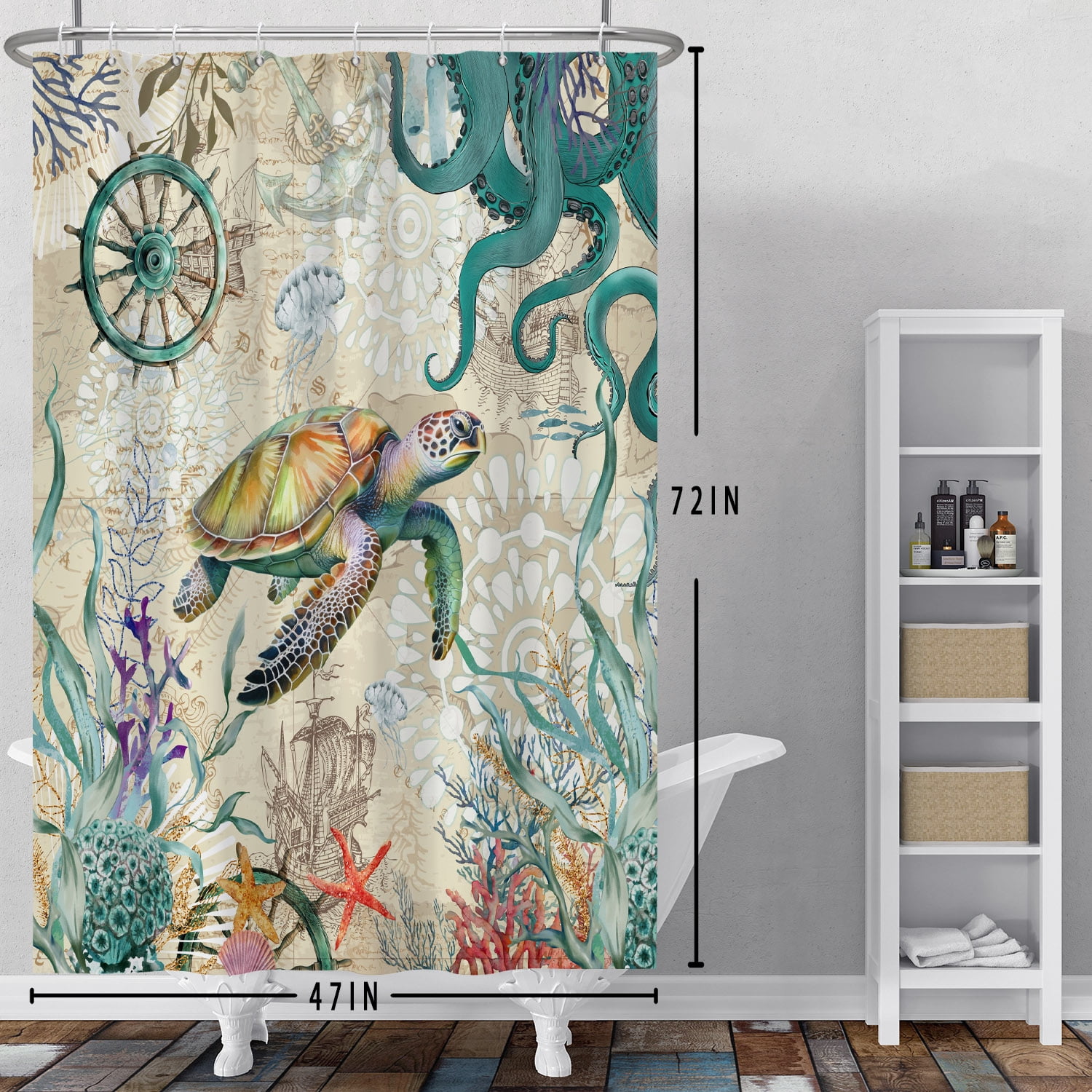 SUNOLIFE Sea Turtle and Octopus Shower Curtain,Nautical Coastal Beach Theme Waterproof Fabric Bathroom Curtain with Hooks,72x72 in