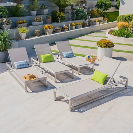 Luis Outdoor Mesh Chaise Lounge (Set of 4), Silver and Gray