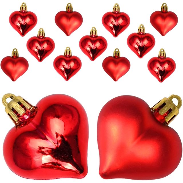 24 PCS Valentine's Day Heart Ornaments Heart Shaped Christmas Tree Baubles Heart Hanging Ornaments for Valentine’s Day Wedding Party Tree Ornaments (Red, 24)