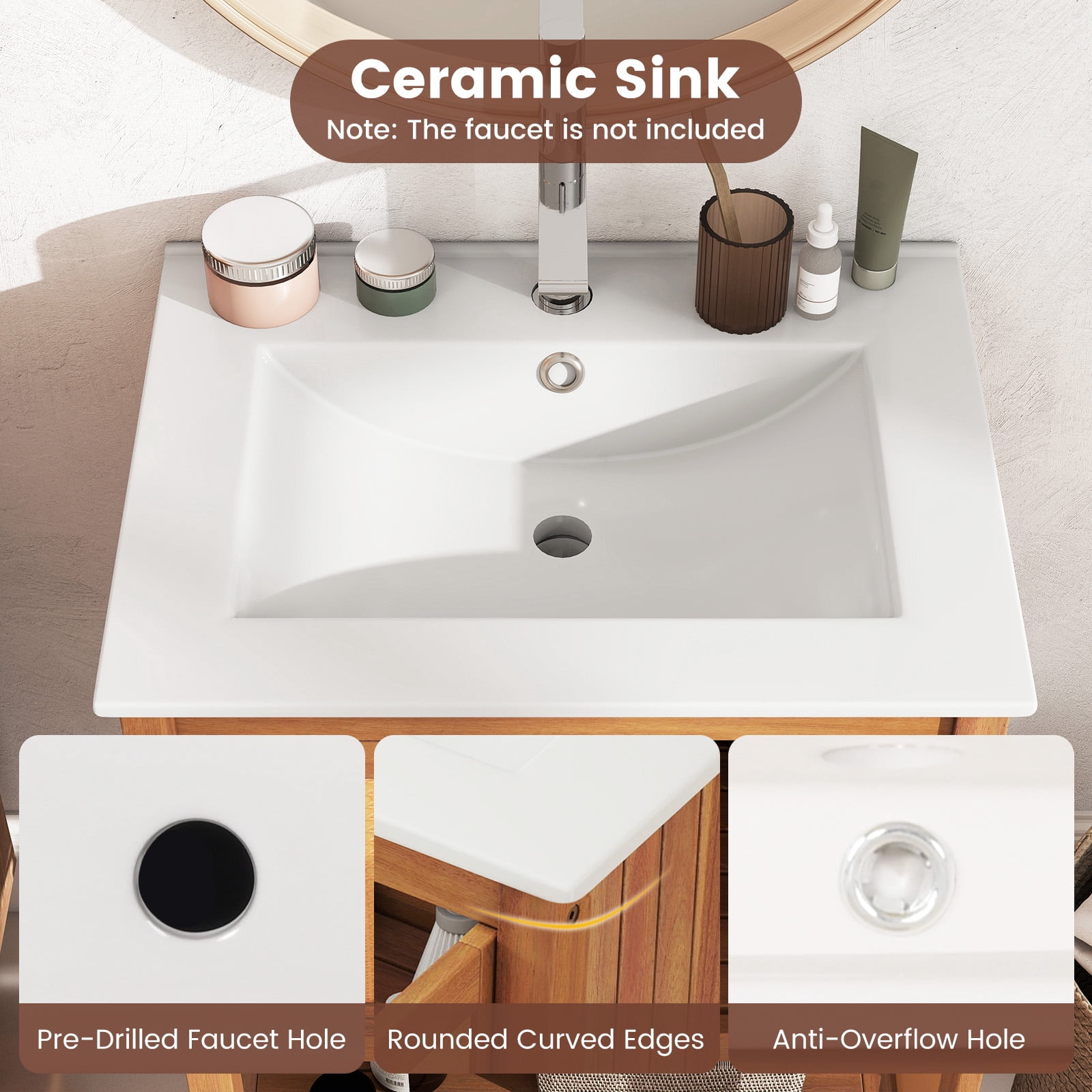 Gymax 24'' Bathroom Vanity w/ Sink 2 Rattan Doors & Open Slatted Shelf Freestanding