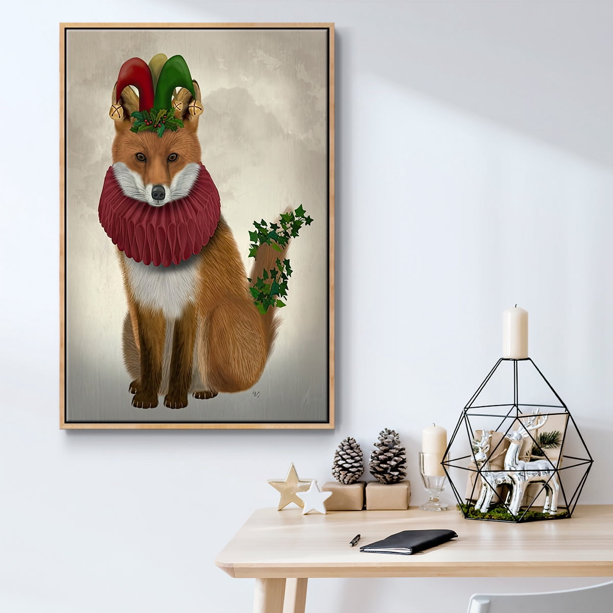 Christmas Holly and Ivy Fox - Framed Gallery Wrapped Holiday Canvas - 27 x 41 - Natural Wood Frame
