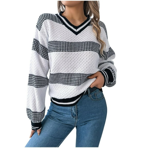 Htigea Womens Striped Sweaters Casual V Neck Long Sleeve Loose Knitwear Preppy Trendy Pullover Tops for School White S