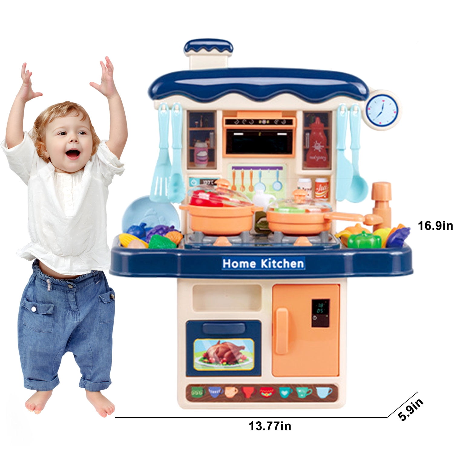 Seenda Little Kitchen Playset, Kitchen Toy Set with Realistic Sound & Light, Play Sink, Cooking Stove, Play Food and Kitchen Accessories for Toddlers Kids (Mini, Blue)