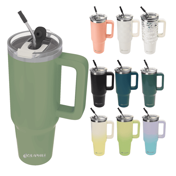 AQUAPHILE Insulated Tumbler with Leak-proof Lid and Straw, 40 oz Insulated Stainless Steel Coffee Mug with Handle, Travel Coffee Mug，Moss Green