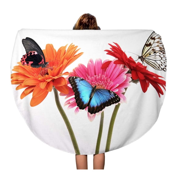 SIDONKU 60 inch Round Beach Towel Blanket Colorful Butterfly Gerber Flowers Butterflies Green Daisy White Spring Travel Circle Circular Towels Mat Tapestry Beach Throw
