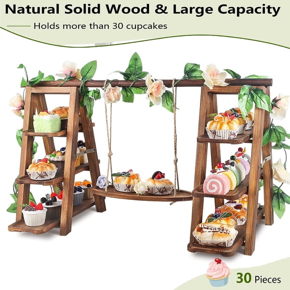 3 Tier Cupcake Stand Wooden - Rustic Dessert Display Stand with Swing & Flower Decor, Foldable Cake Stand for Party Wedding Food Serving Tray Set