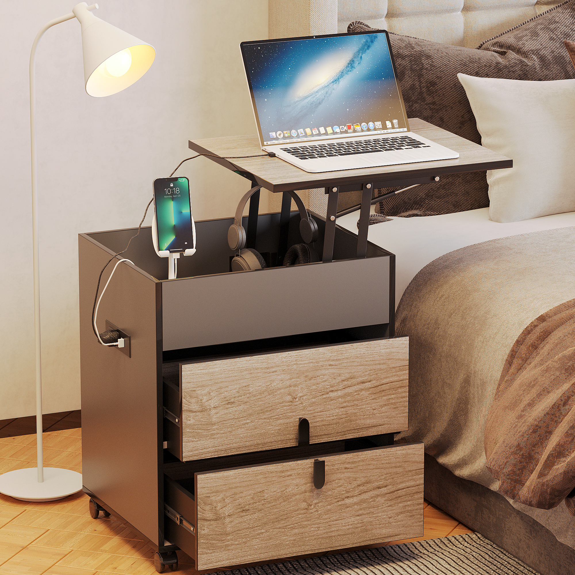 Lvifur Nightstand with Charging Station,Bedside Table Workstation, Adjustable Swivel Laptop Desk