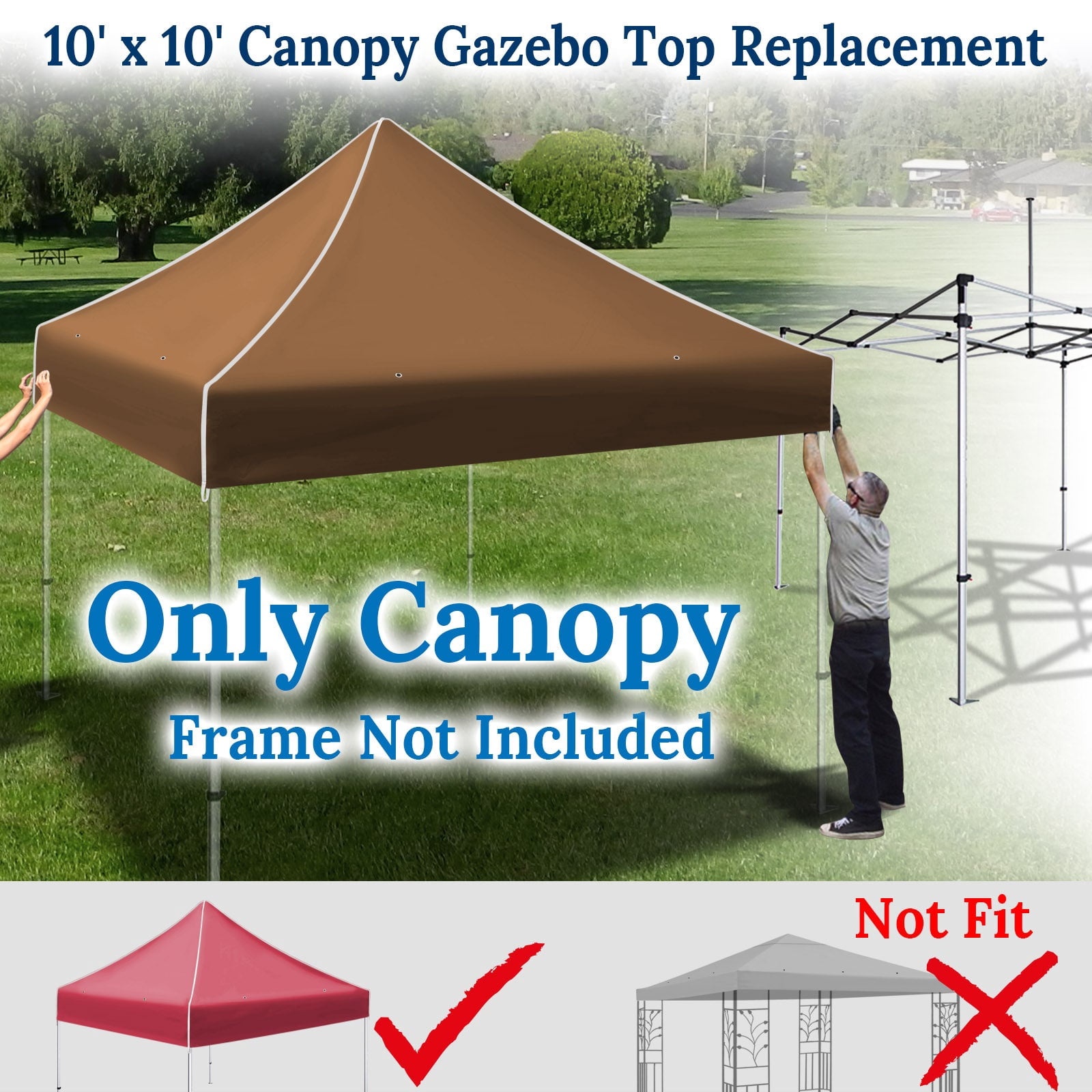 SUNNYOUTDOOR 10'x10' Canopy Replacement Top Cover for Pop Up Canopy Folding Tent Gazebo Sunshade Cover, Canopy ONLY (Brown)