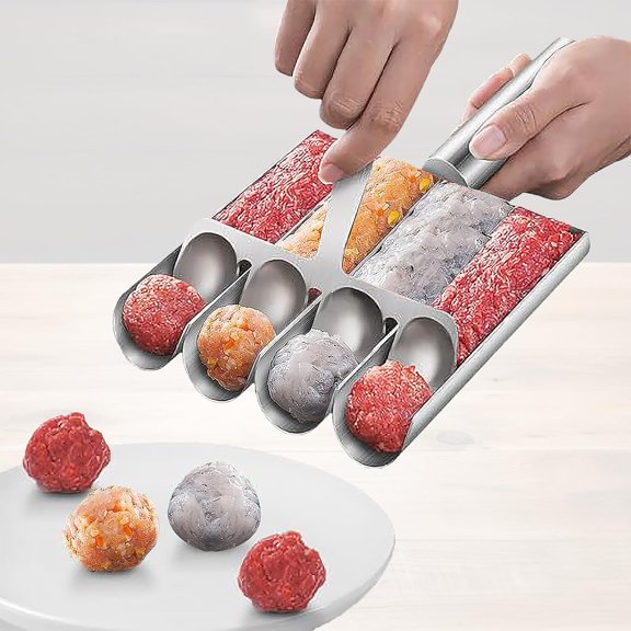 4-in-1 Stainless Steel Meatball Maker Tool - Professional Meatball Scoop & Mold for Homemade Beef, Chicken, Veggie Balls | Dishwasher Safe, Ergonomic Grip (5.7x9.4 Inch)