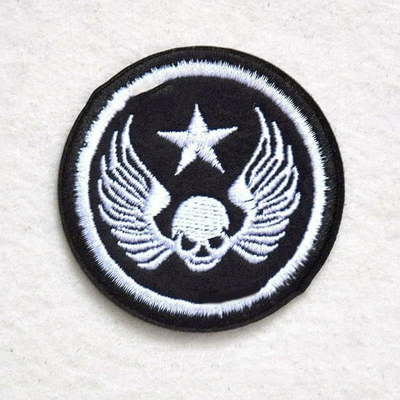 Computerized Embroidery Cloth Iron on/Sew on Patches Costume Accessories Appliques Flat Round with Skull & Wings & Star Black 55mm