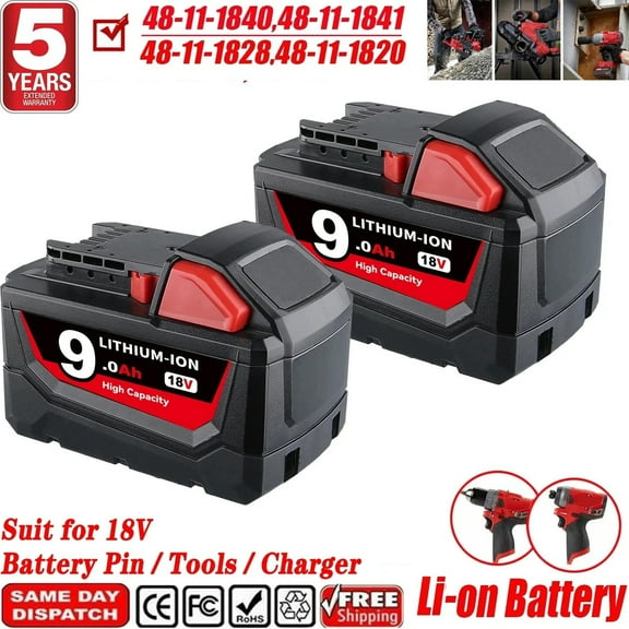 DASNITE 2 Pack 9.0Ah 18V Li-on Battery Replace for Milwaukee M18 Battery 48-11-1850 48-11-1860, Compatible with 18V Charger and Cordless Power Tools(non-original)