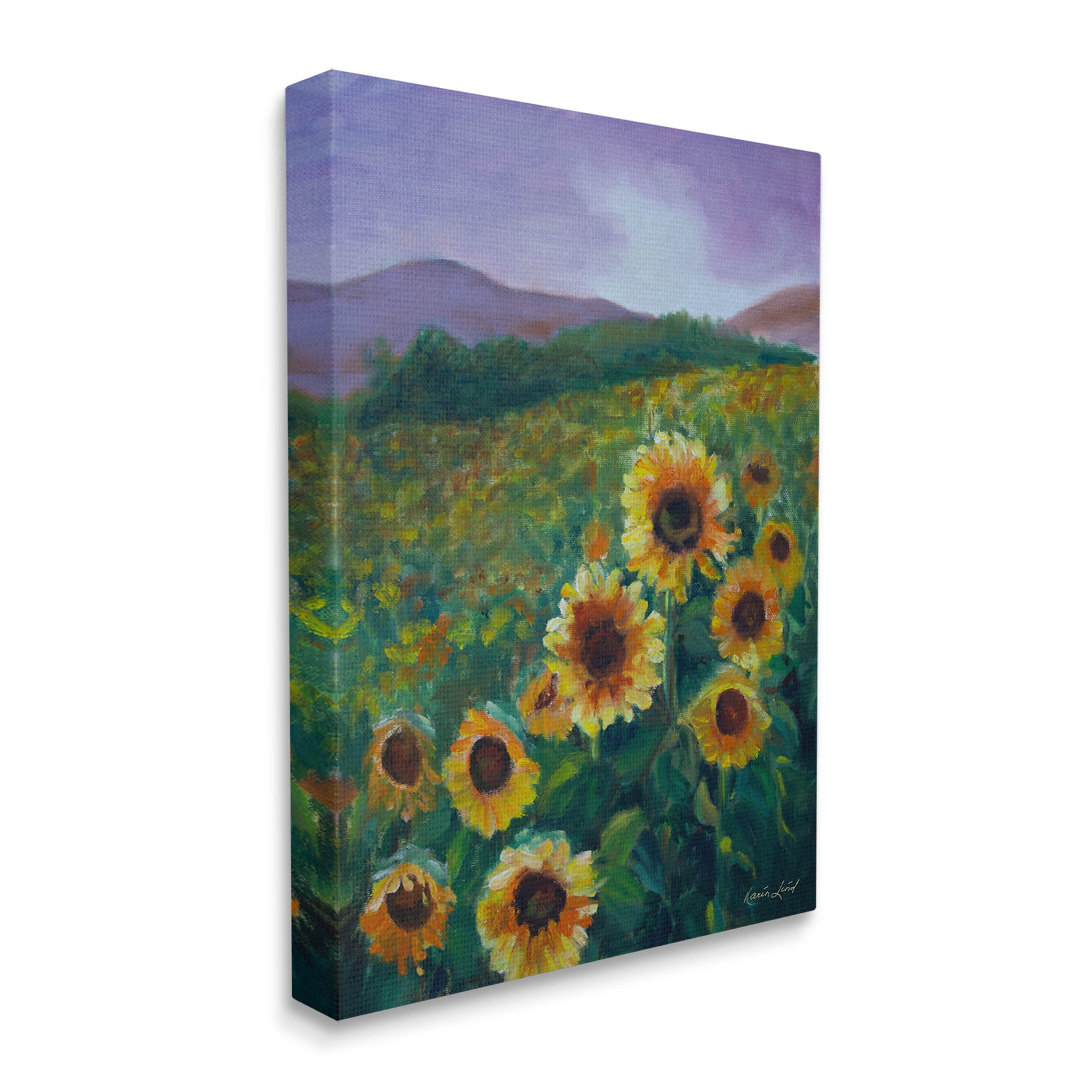 Sunflower Field Distant Mountains Landscape Painting Gallery Wrapped Canvas Print Wall Art