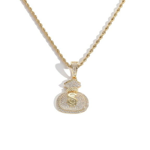 Men's Dollar Bag Pendant Necklace 14K Yellow Gold Bling Cubic Zircon Hip Hop Rock Jewelry