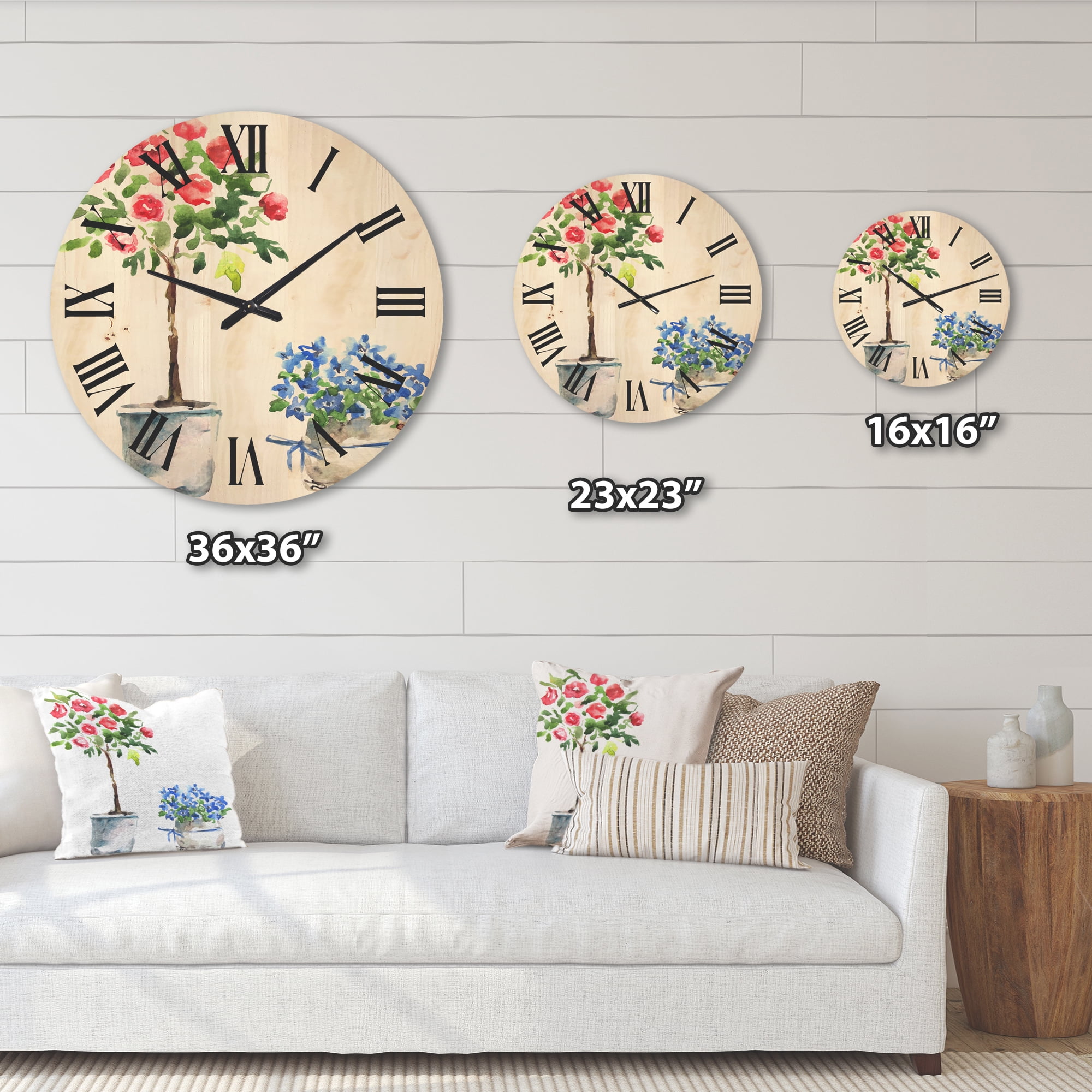 Designart 'Red and Blue Houseplants' Traditional Wood Wall Clock