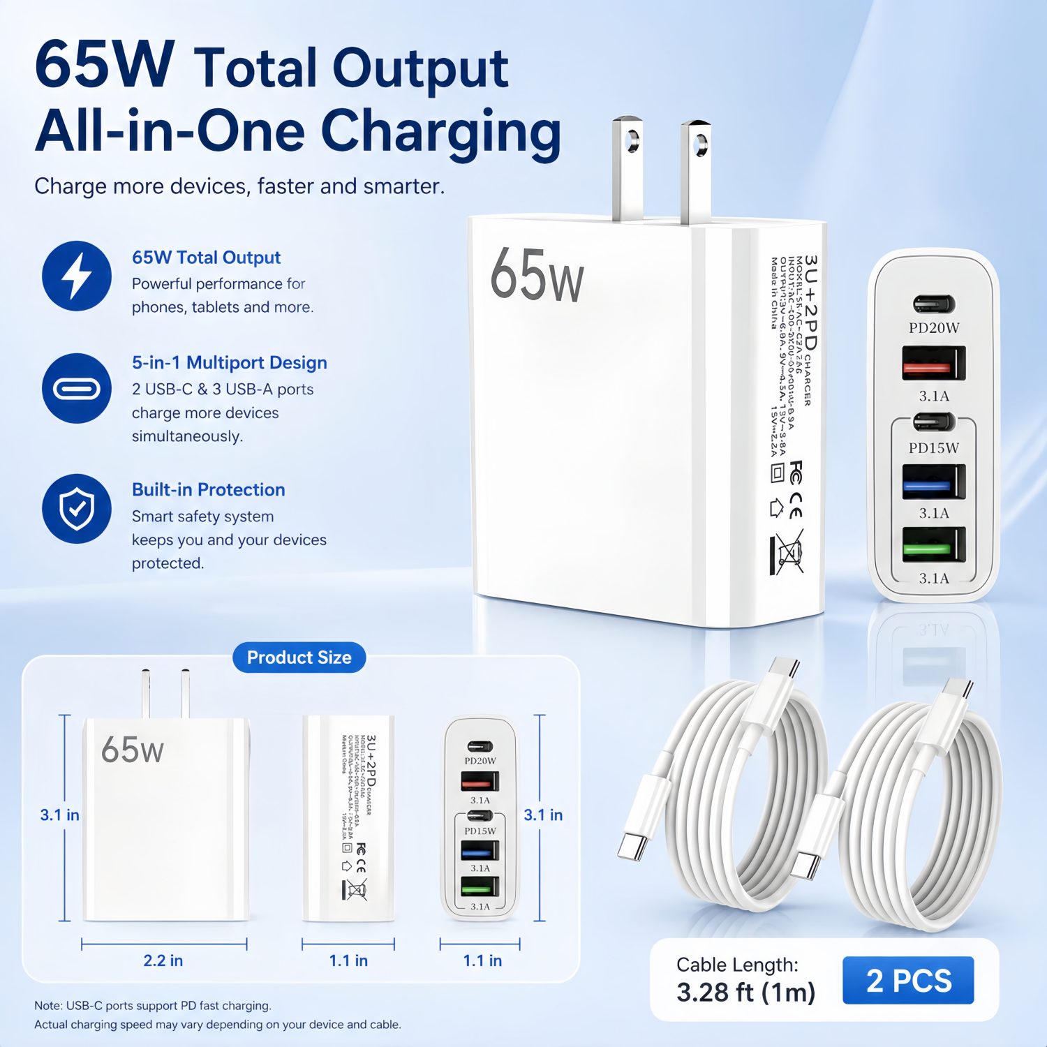 QINIUXO 65W USB-C Wall Charger with 2 Cables, White photo 5