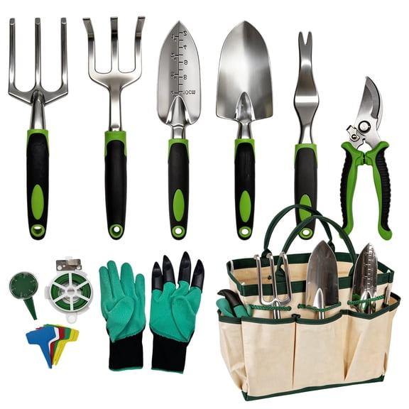 12 Pieces Garden Tool Set, Heavy Duty Stainless Steel Gardening Tools with Bag, Garden Tool Kit with Ergonomic Handles, Canvas Tote Bag & Gloves for Planting, Pruning, Weeding, Garden Gifts Supplies