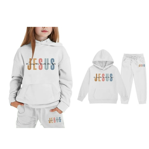 Toddler Girls Jesus Loves You Hooded Sweatshirts Long Sleeve Warm Graphic Hoodies Oversize Pullover and Sweatpants 2 Pcs Fall Winter Clothes Cute Sweatshirts 2T