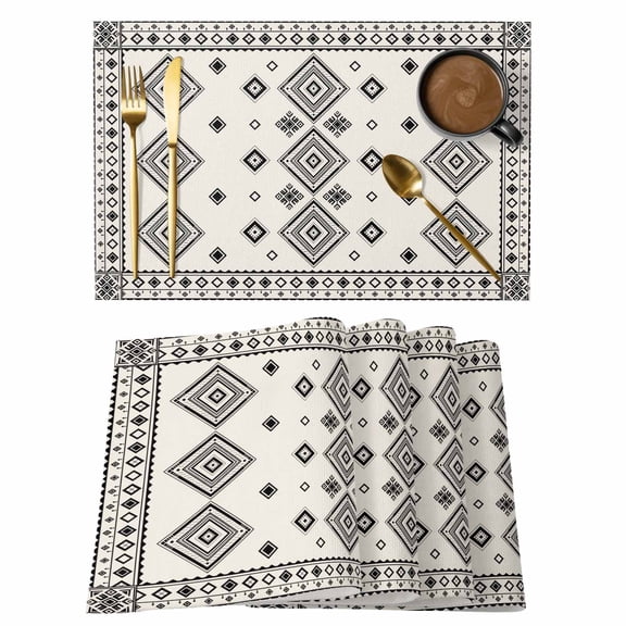 Boho Geometric Placemats Set of 6, Simple Farmhouse Nation Abstract Motifs Placemats for Dining Table, Place Mats for Kitchen Tabletop, Waterproof Wipeable Dining Table Mats Set