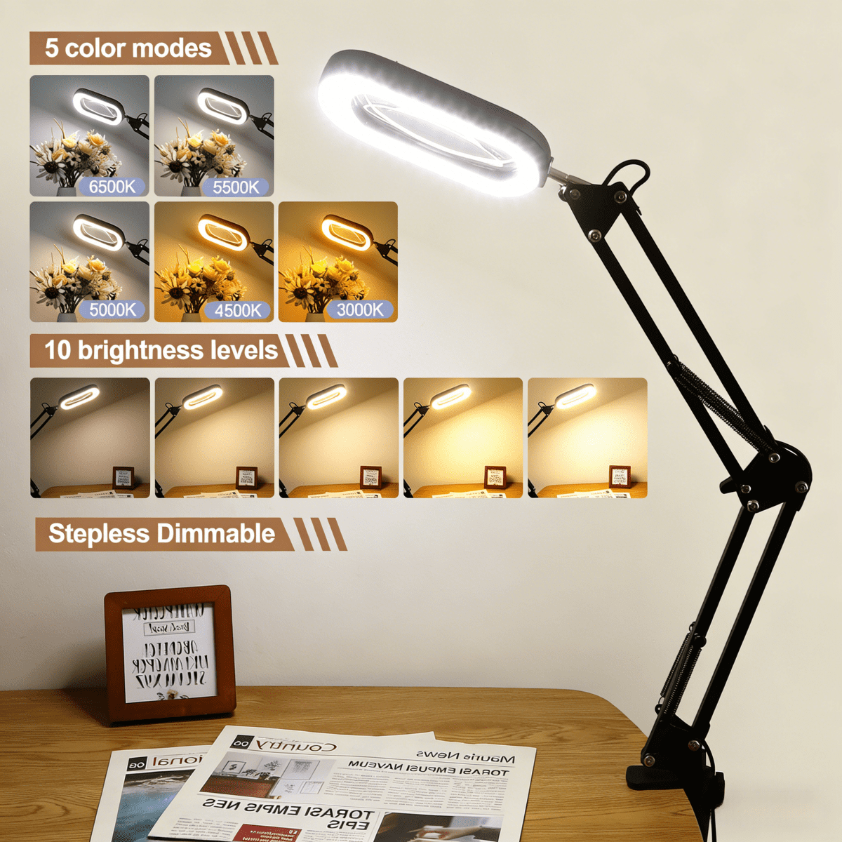 Veemagni Square Magnifying Glass with Light and Stand - Real Glass LED Magnifier with Clamp, 5 Color Modes Stepless Dimmable Hands-Free Desk Lamp for Reading Craft Hobby Close Work - Black
