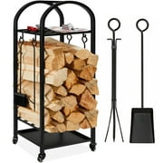 Best Choice Products 4ft 3-Tier Firewood Log Rack, Vertical Wrought Iron Holder for Home w/ 4-Piece Tool Set, Wheels