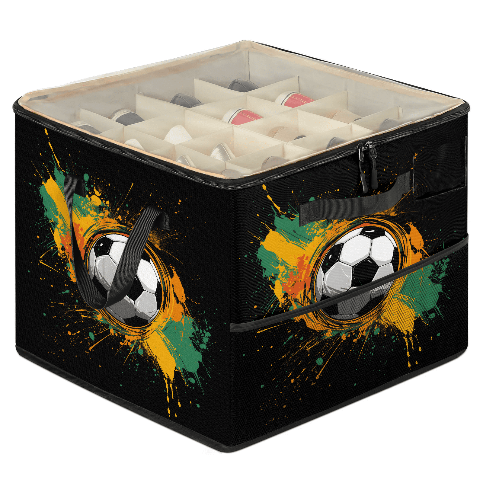 Jiaoprinted Soccer Ball Shoe Storage Box with Adjustable Dividers Large Shoe Organizer with Clear Transparent Lid Abstract Flame Theme Foldable Stackable Shoes Storage Bin for Closet Entryway