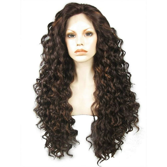 Ebingoo Peluca frontal de encaje marrón oscuro de 26 pulgadas + gorro de peluca peluca larga y rizada para mujeres y niñas peluca de pelo sintético densidad pesada suave resistente al calor peluca de
