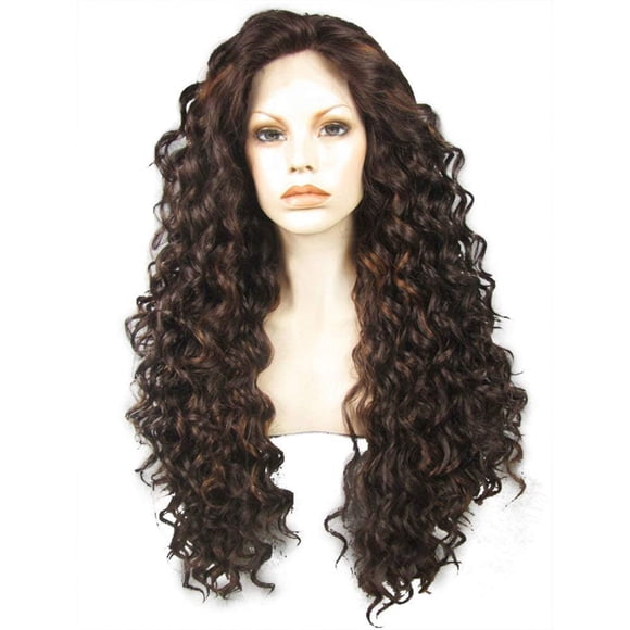 Ebingoo Peluca frontal de encaje marrón oscuro de 26 pulgadas + gorro de peluca peluca larga y rizada para mujeres y niñas peluca de pelo sintético densidad pesada suave resistente al calor peluca de