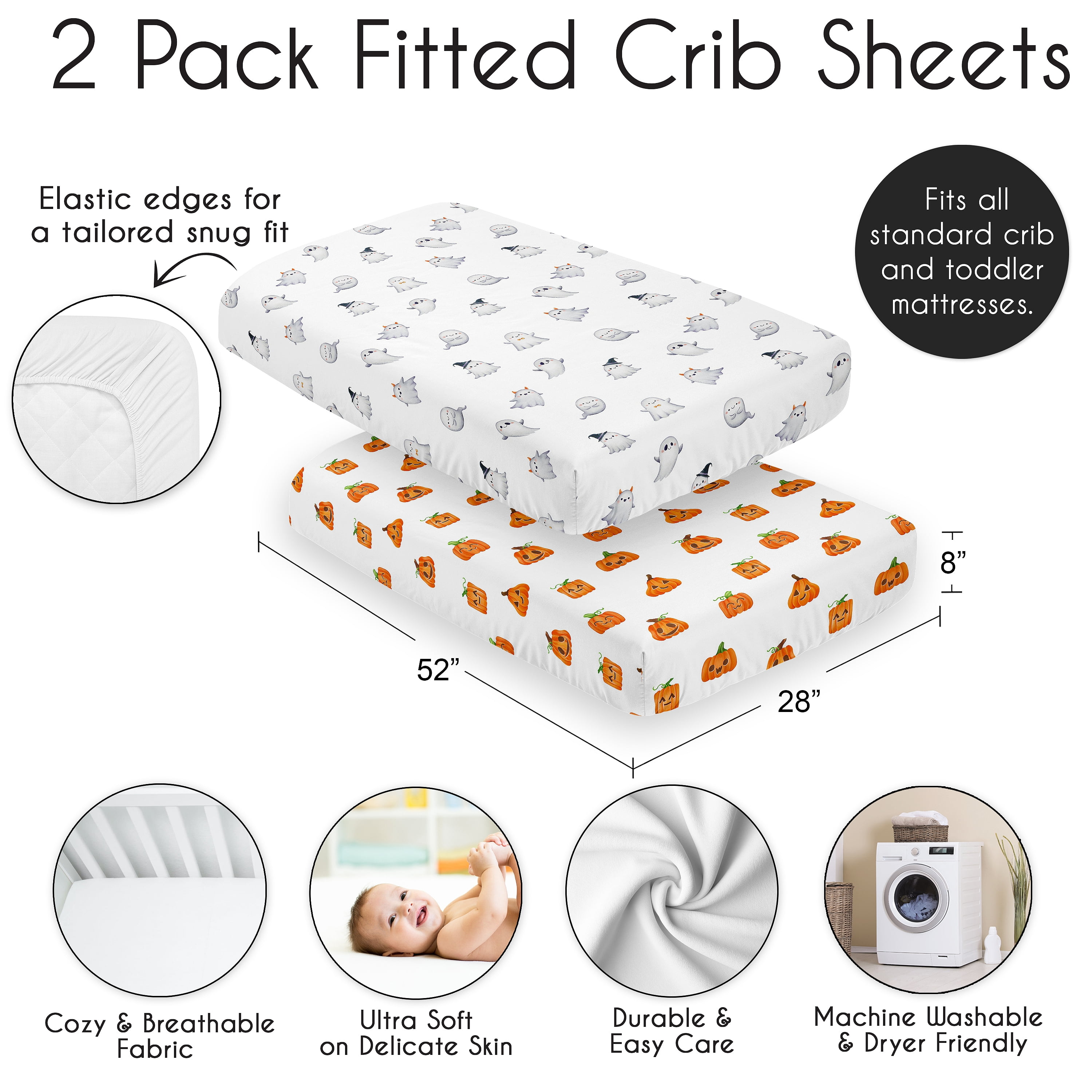 Sweet Jojo Designs Seasonal Halloween Ghosts and Pumpkins Boy, Girl, Unisex/Gender Neutral Fitted Crib Sheets Set 2 Piece