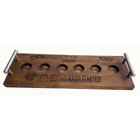 Mardi Gras Bourbon Flight Board – 16 x5.5 Rustic Pine Wood Shot Glass Tasting Tray with Stainless Handles 6 Recessed 1.5 Holes QR Code Bourbon Recipe Collections