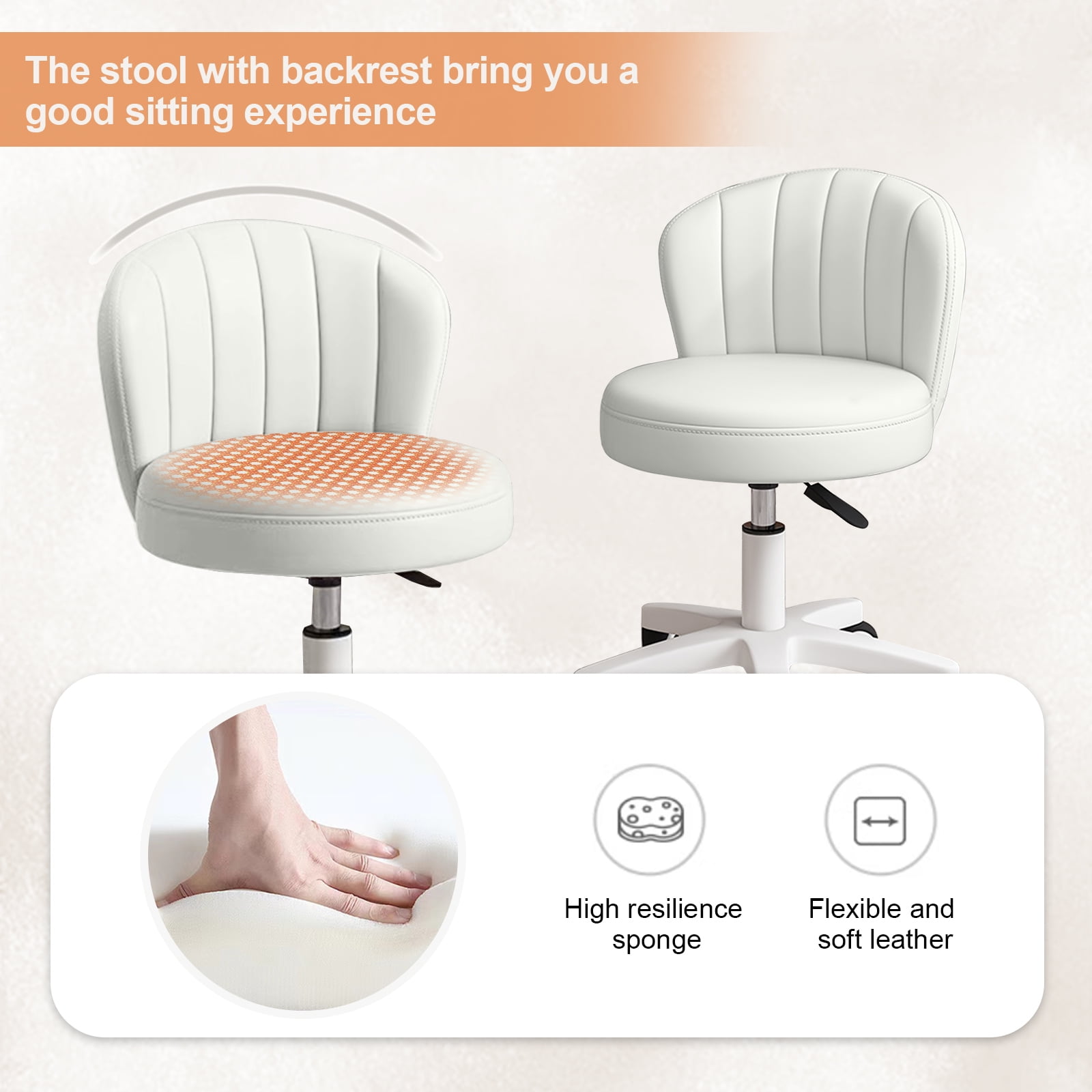 Small Round Rolling Chair with Back PU Leather Height Adjustable，Swivel Vanity Work Computer Stool for Girls and Women，White