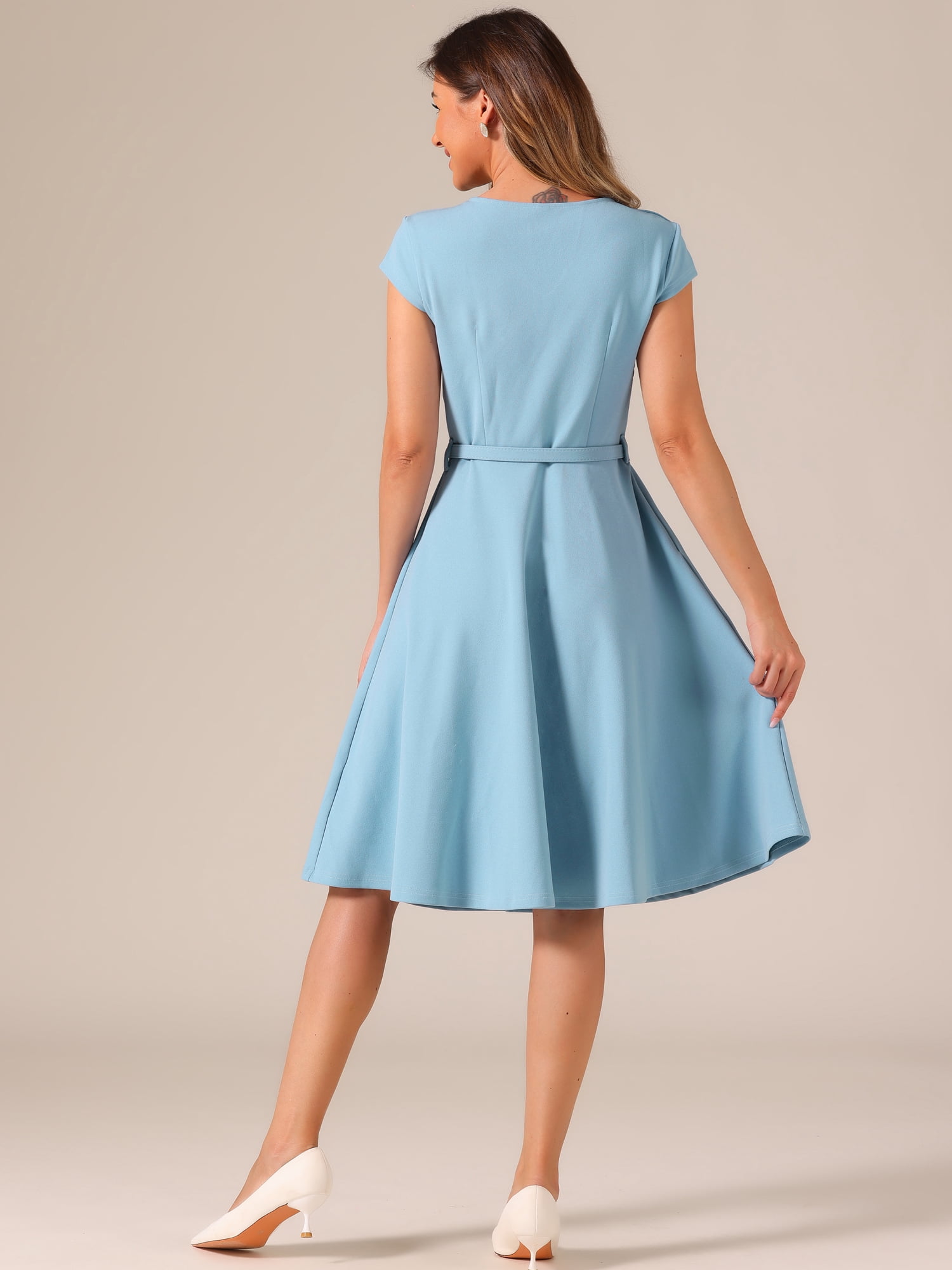 DARING DIVA V Neck Cap Sleeve Flowy A-line Cocktail Dress XL Blue