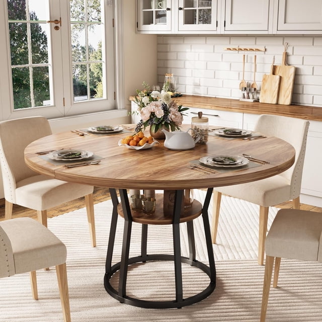 Ourlova Table à Manger Ronde pour 4-6 47.2 Table de Cuisine Style Ferme avec Rangement Tables Rondes pour Cuisine Salle à Manger Salon Salle de Réunion Appartement Naturel