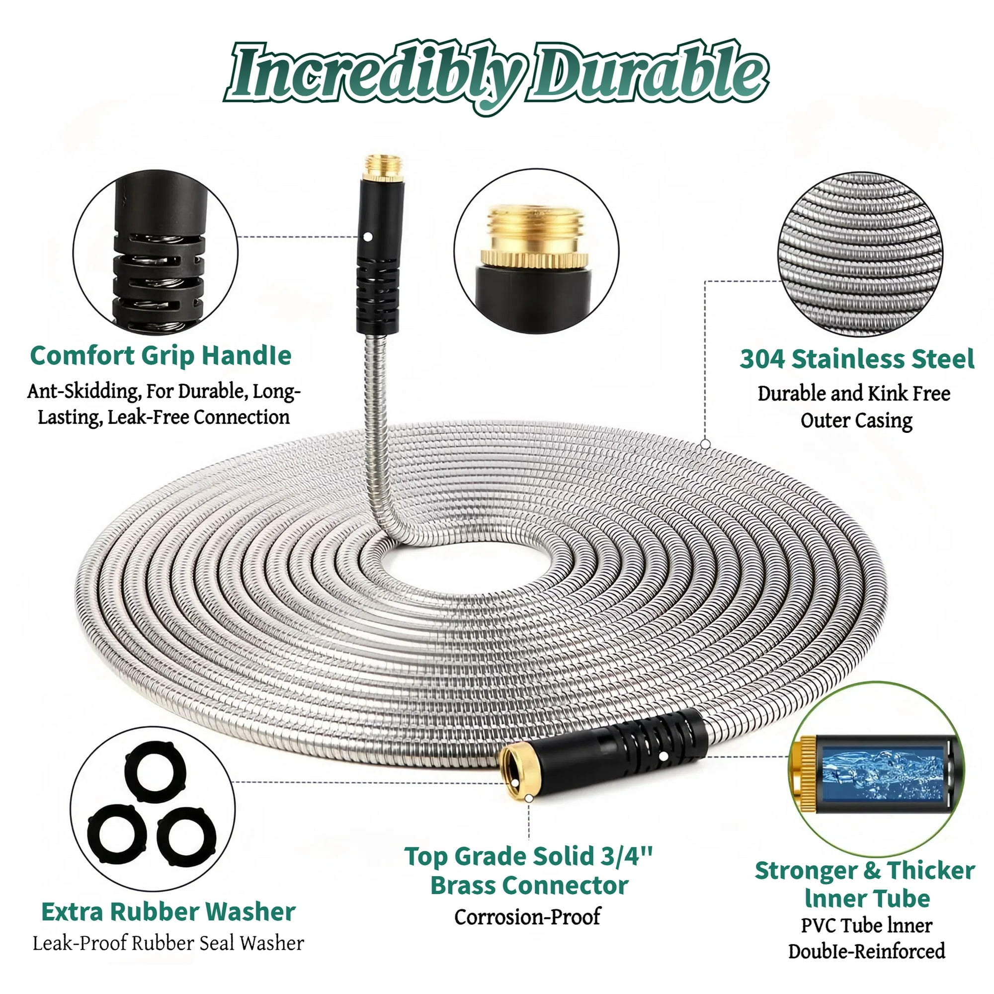 Teblint Metal Garden Hose 50ft, 304 Stainless Steel Garden Hose, Heavy Duty Water Hoses with 10 Function Hose Nozzle, Flexible, No Kink & Tangle, Leak & Puncture Proof, 150psi