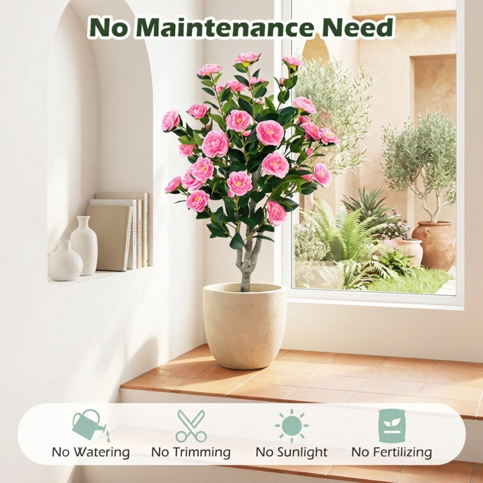 Vebreda Artificial Plant Decor, 39.5" Artificial Camellia Tree with Orange Blossoms in Cement Pot for Home Decoration, Selected Materials
