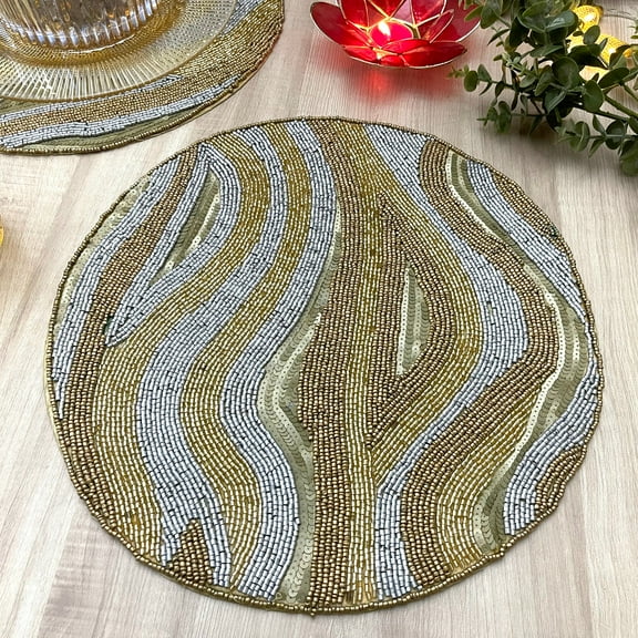 Set of 6, Handmade bead table placemat, beaded Silver and Gold, 14 inch