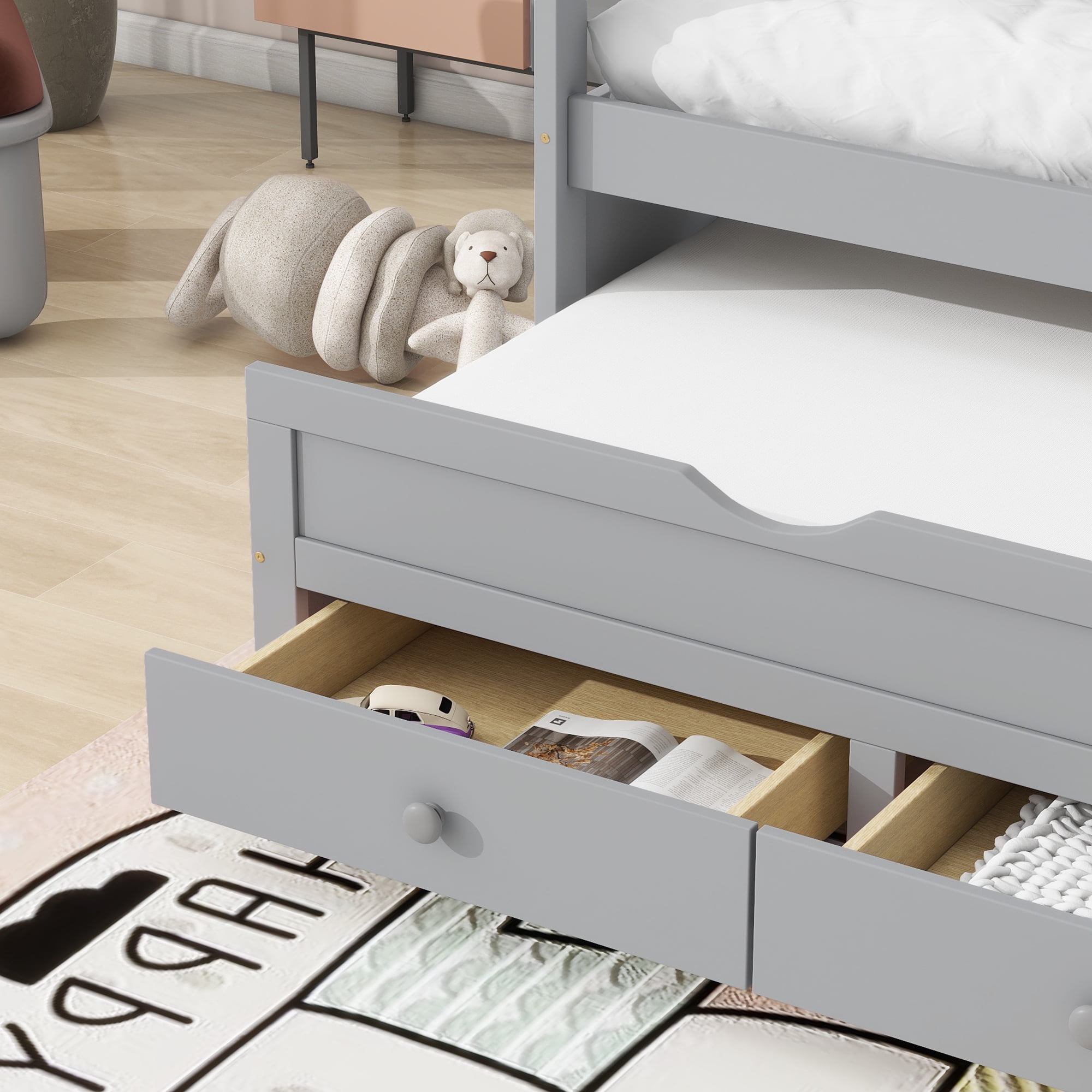 Sailvan Twin Size Bed with Headboard, Footboard, Trundle and 3 Storage Drawers, Pine Wood Bed