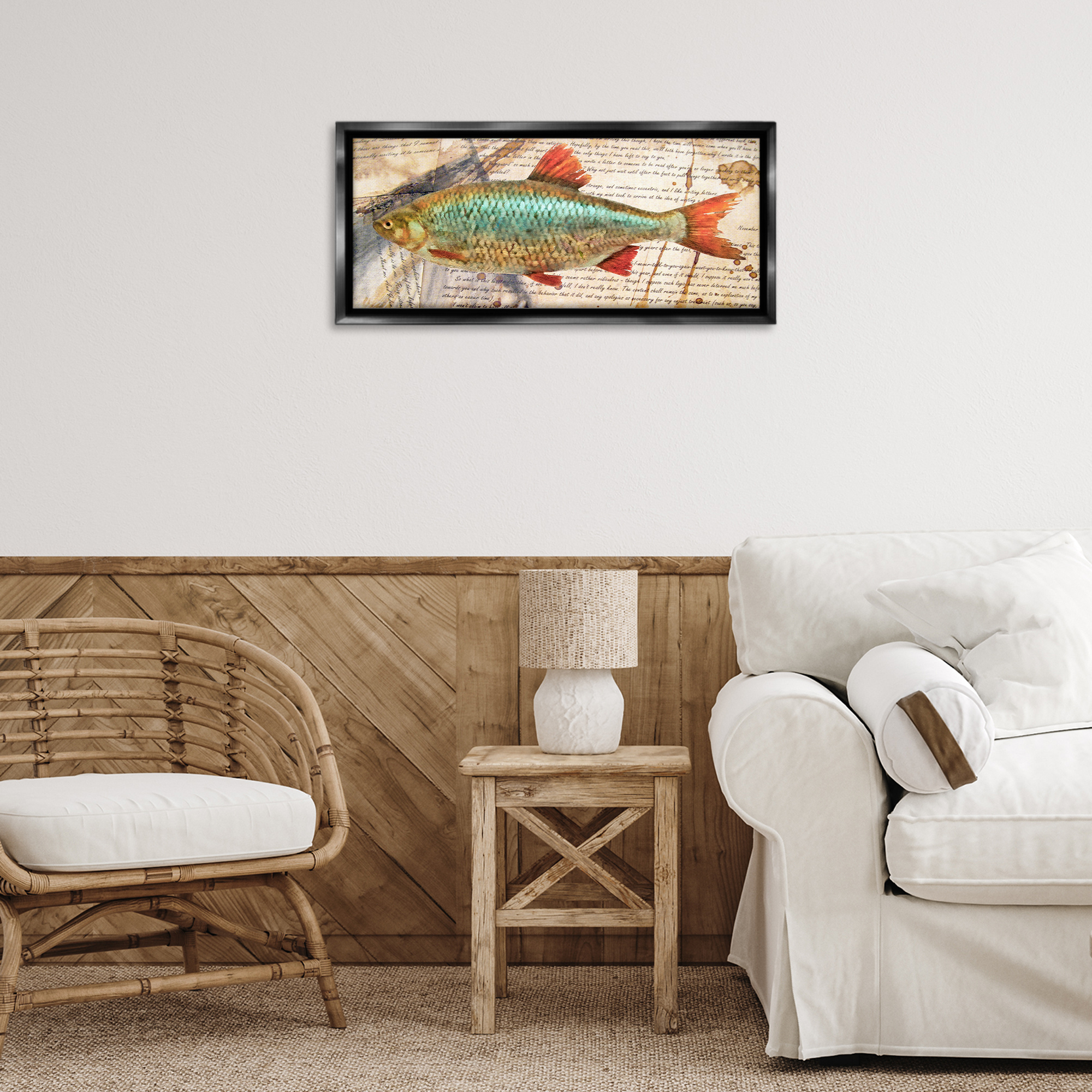 Stupell Industries Vintage Pages & Fish Animals & Insects Painting Black Floater Framed Canvas Art Print Wall Art, 25 x 11
